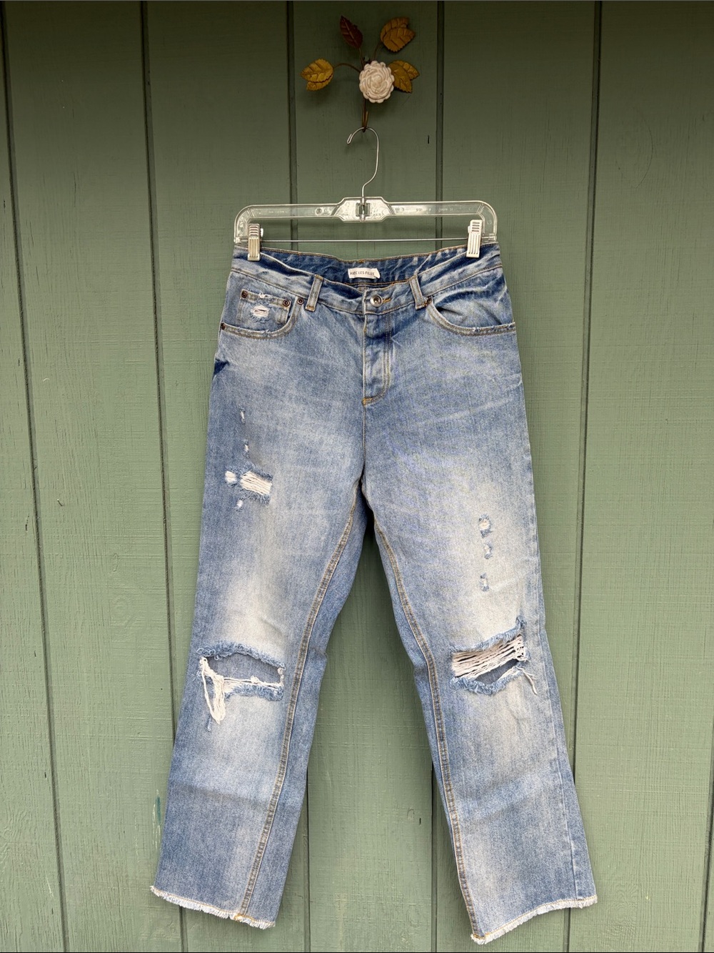 Avec Les Filles Medium Blue Denim Ankle Jeans with Gold Stitching